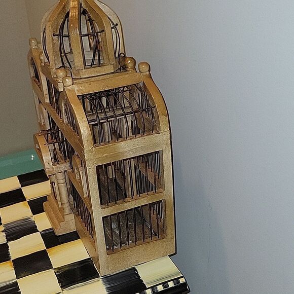 Vtg Wooden Birdcage Victorian Domed Cathedral Taj Mahal Door bird cage Wood boho - Picture 4 of 16